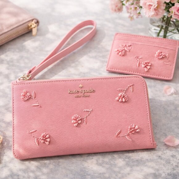 kate spade Handbags - NWT Kate Spade Floral Embossed Wallet Wristlet + Card Holder Set Pink Bundle